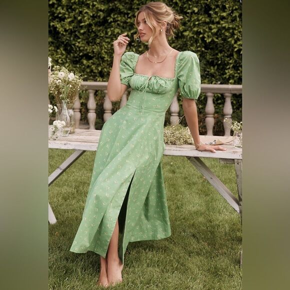 House of Cb Tallulah Olive Midi Green Dress Floral Puff Sleeve Size XS - Picture 8 of 14